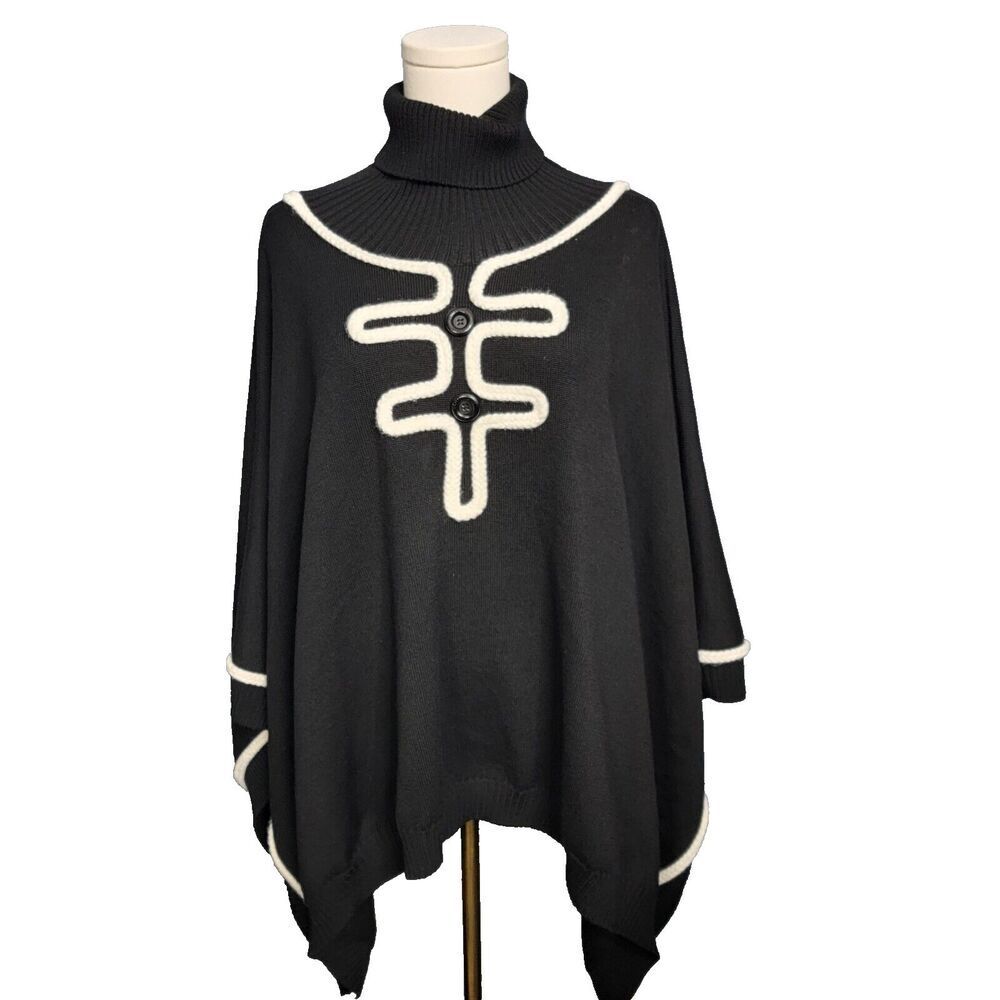 Boutique Moschino Black Wool Poncho M Turtleneck White Piping Made in Italy